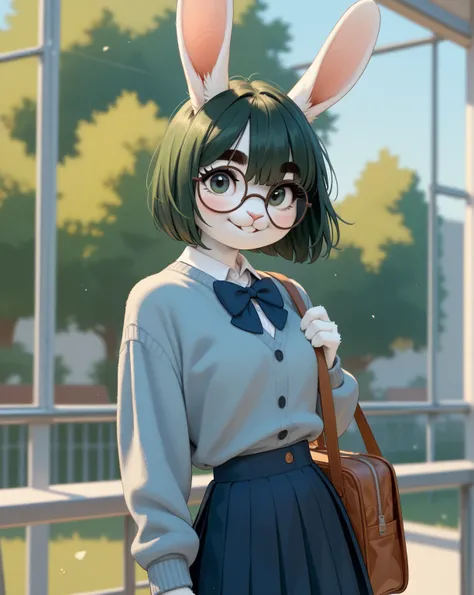 (furry rabbit face:0.9), girl , skinny , bob cut , beautiful hair over the eyes , Long eyelashes , Thick eyebrows , Double eyelids , Overbite
, school , jumper skirt
, coquettish , sexsymbol