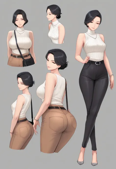 masterpiece,A 30yo beautiful japanese milf,cool milf,(milf is (black chignon hair,white sleeveless knit,turtleneck,pants,shoulder bag,bracelet,leather belt),small breasts,absurdres,high resolution,high quality, three view drawing,front and back and side, c...