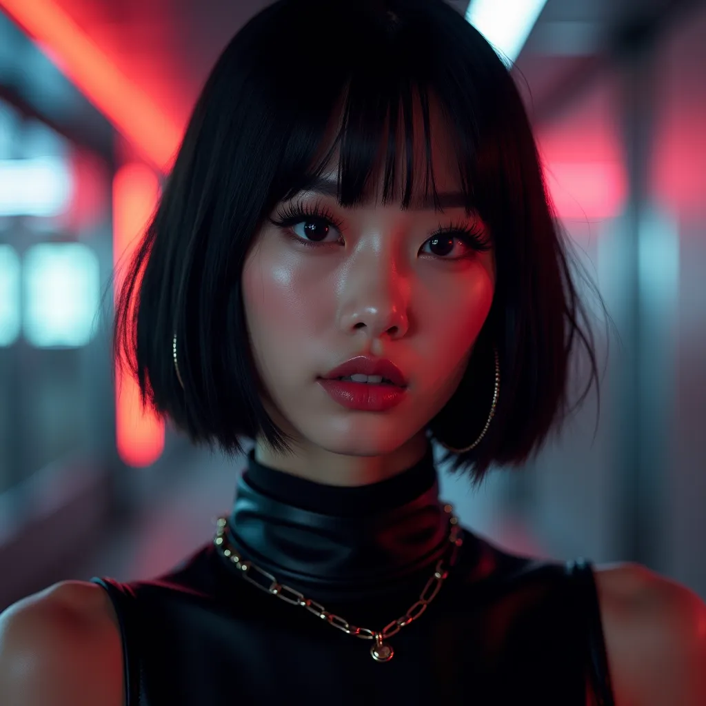 "A breathtakingly gorgeous Asian woman with a striking resemblance to BLACKPINK Lisa. She has large, captivating almond-shaped eyes with a deep, intense gaze, framed by long, dark lashes. Her nose is sharp and well-defined, and her full, glossy lips add to...