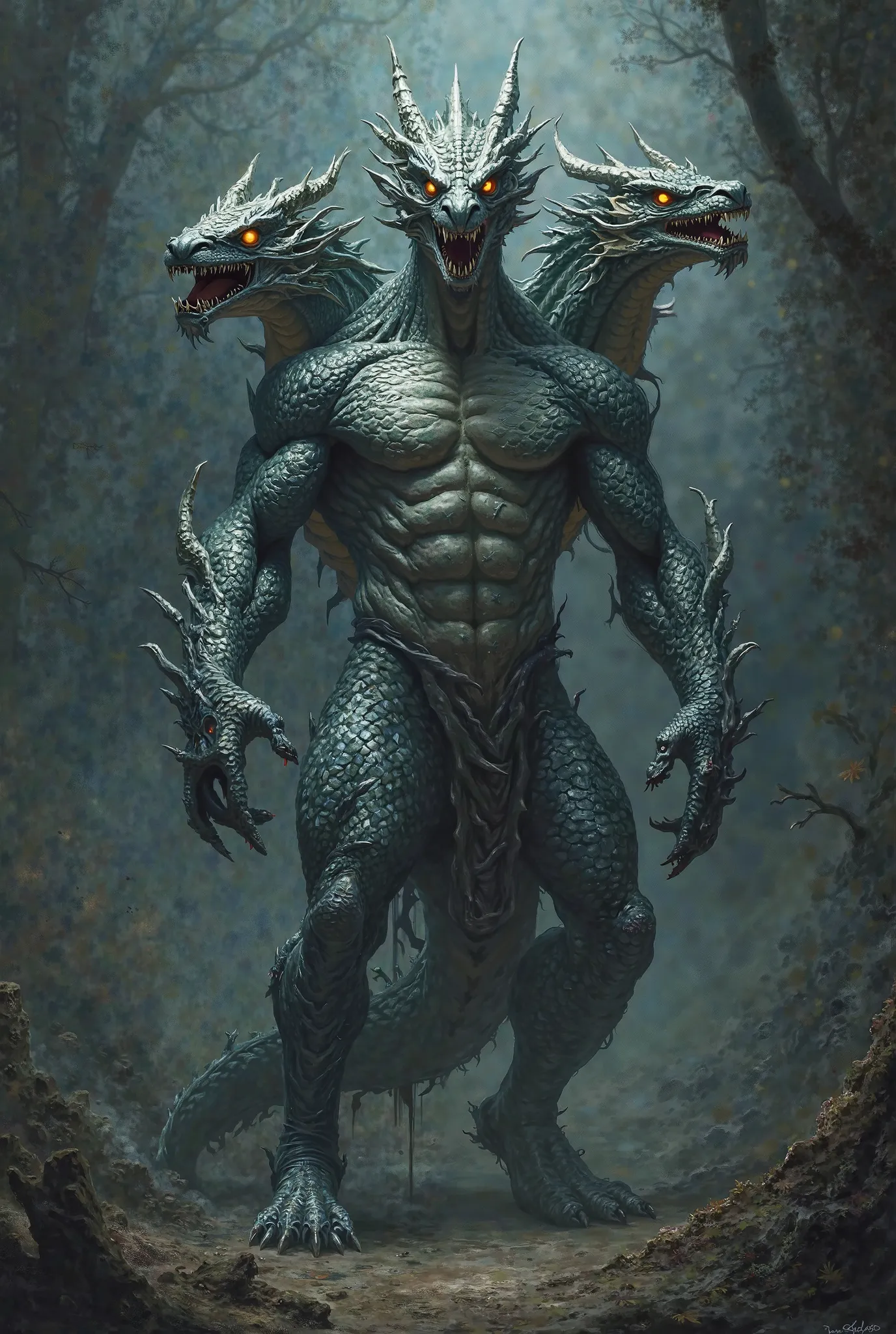 Create the image of a man, the body and limbs are of a man, It has 4 dragon heads, The skin has a silvery scale, And he is located said character in an underworld 