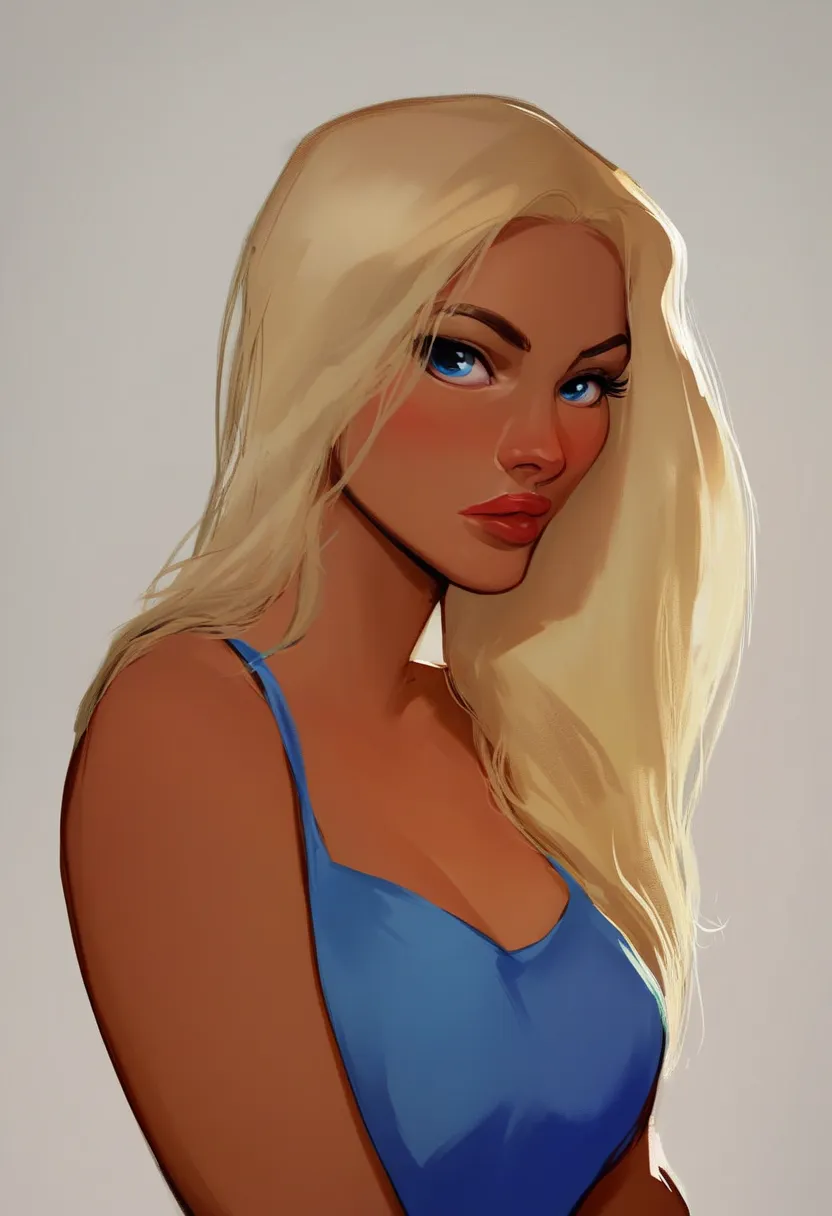 (cartoonish style), flat color style, illustration of a 
close-up, portrait,  of a 25 year old surfer looking girl, tan skin, ([blue eyes]) Beach blonde salty hair, natural beaty, beautiful, casual, blue tank top, masterpiece, (([Simple grey background]))
...