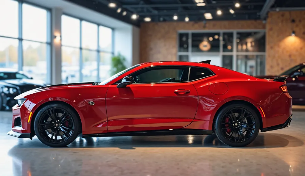 Right Side View Prompt:

"A highly detailed, ultra-realistic right-side view of a red Chevrolet sports sedan in a modern showroom. The car features a sleek aerodynamic design with sculpted body lines, black side mirrors, and tinted windows. The large black...