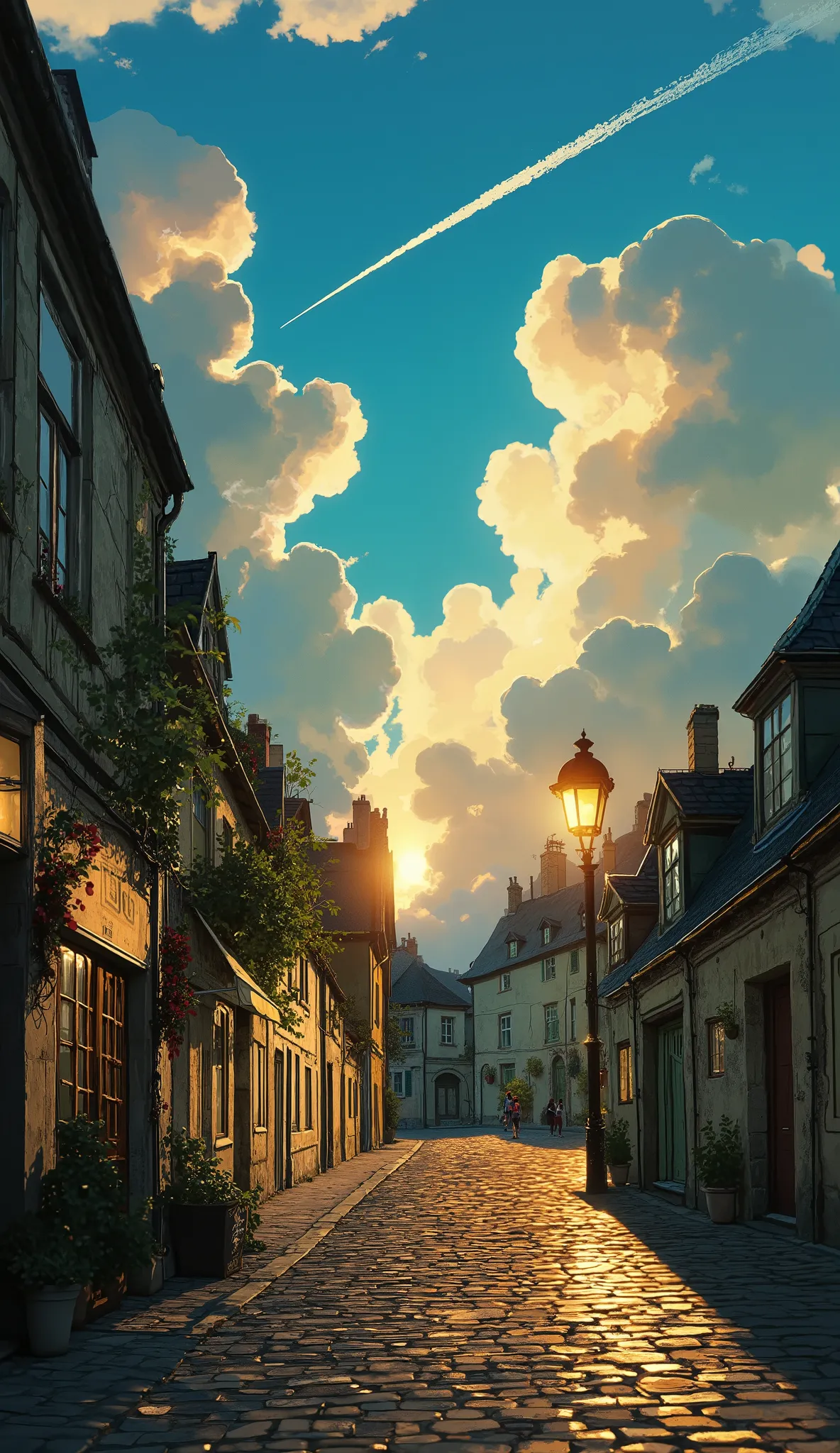 "A breathtaking anime-style scene of a charming French hamlet alley at evening. The soft golden light of the setting sun bathes the stone houses, casting long, delicate shadows across the cobblestone path. The sky is a brilliant blue, filled with fluffy wh...