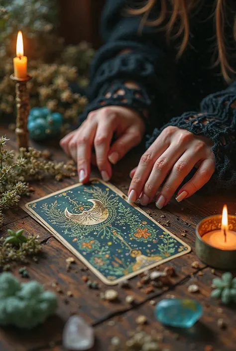  Hands of a young witch, HOLISTIC, esoteric moving and reading a tarot deck on a table on the table there is a candle burning, a shambles of herbs lit, and many crystals .