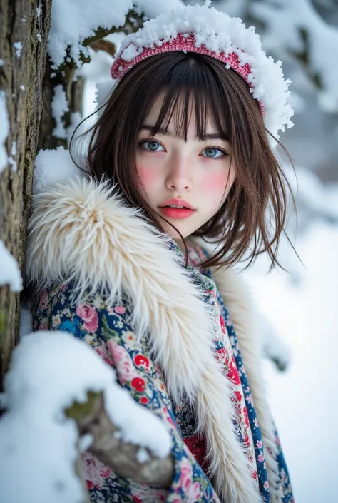 (TOP QUALITY, 【8k, 【32K， Very Clear Details ),Reality, High Resolution, 1. Japanese women, alone, (lolita costume)，Gorgeous clothing， Facing the Audience ，(full body shot)， beautiful eyes,  Brown hair , Rounded Eyes , (outside，heavy snow，Thick fur cape， co...