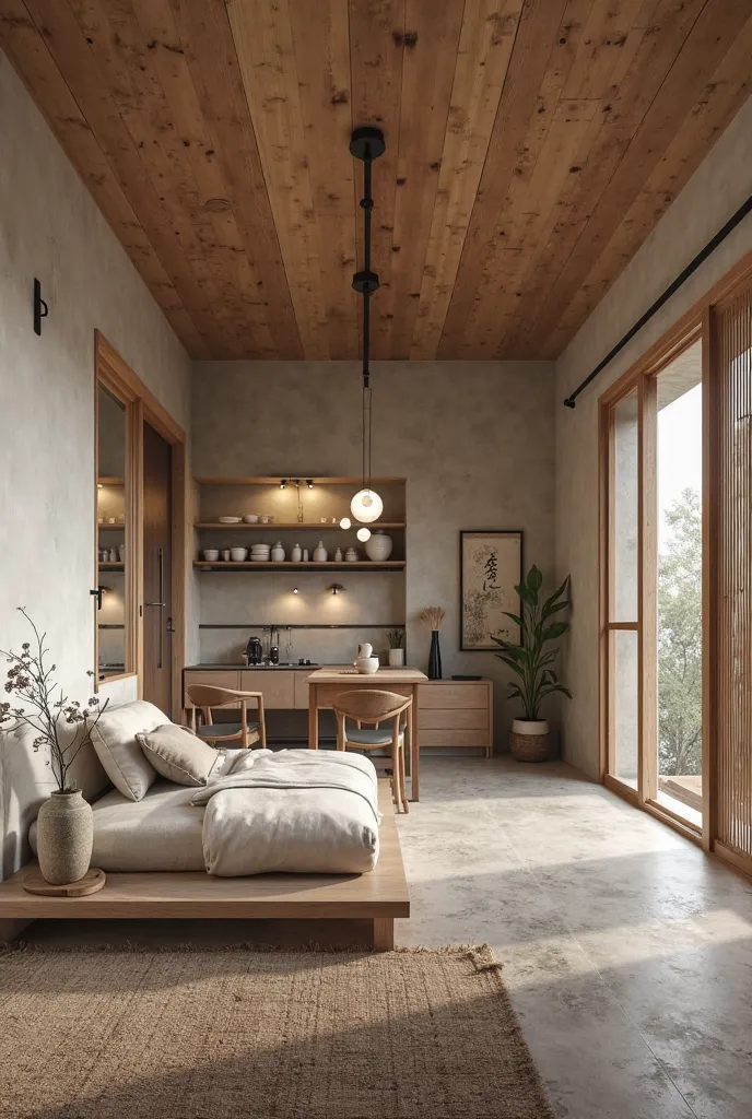 The interior design of a 3.3-meter-wide and 14-meter-long house in the **Wabi-Sabi** style embraces simplicity, natural materials, and the beauty of imperfection. Here’s a breakdown of each space:  

### **1. Living Room (Phòng khách)**  
- A minimalist la...