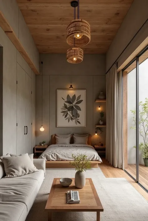 The interior design of a 3.3-meter-wide and 14-meter-long house in the **Wabi-Sabi** style embraces simplicity, natural materials, and the beauty of imperfection. Here’s a breakdown of each space:  

### **1. Living Room (Phòng khách)**  
- A minimalist la...