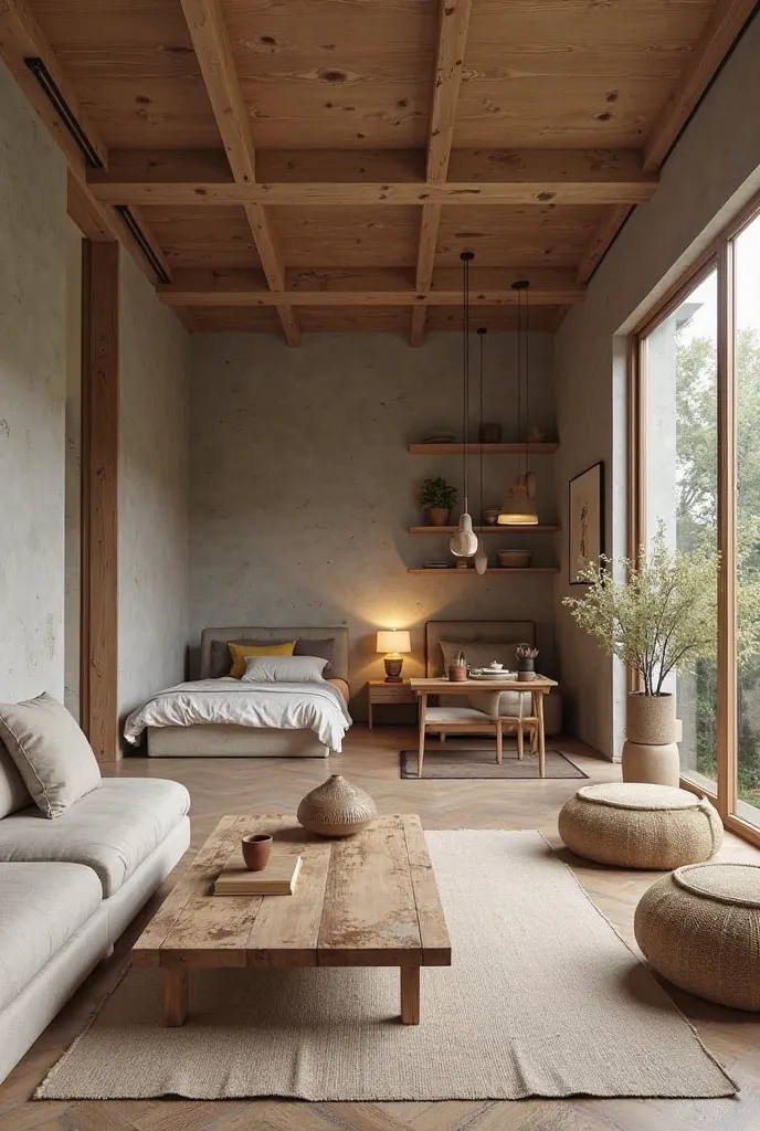 The interior design of a 3.3-meter-wide and 14-meter-long house in the **Wabi-Sabi** style embraces simplicity, natural materials, and the beauty of imperfection. Here’s a breakdown of each space:  

### **1. Living Room (Phòng khách)**  
- A minimalist la...