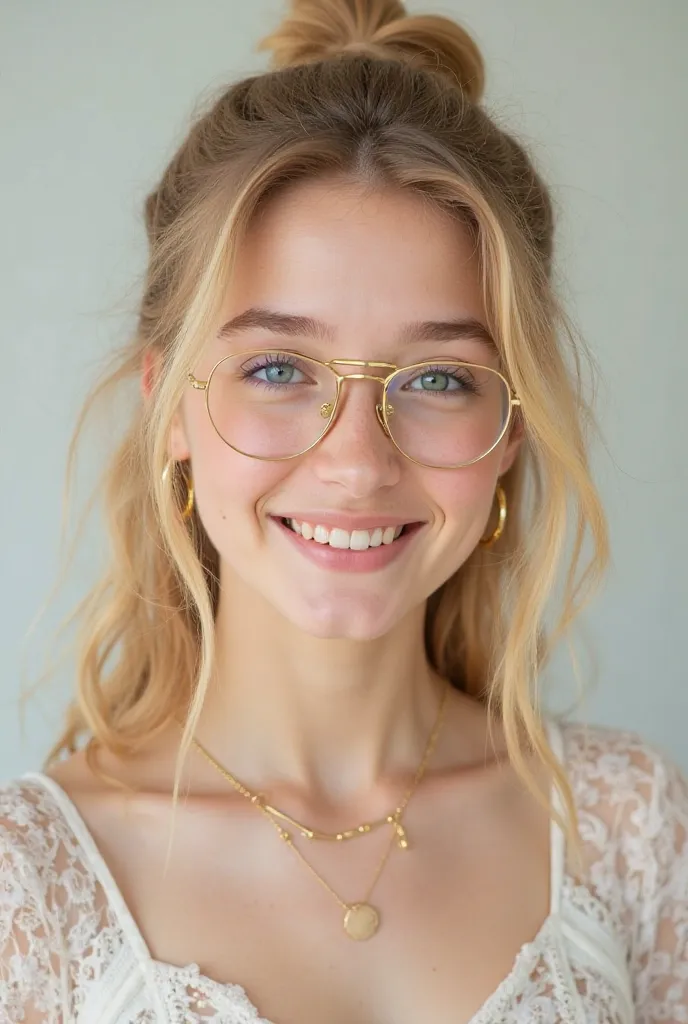 A blonde teen with gold-rimmed glasses and gold hoop earrings ponytail. Tried up 