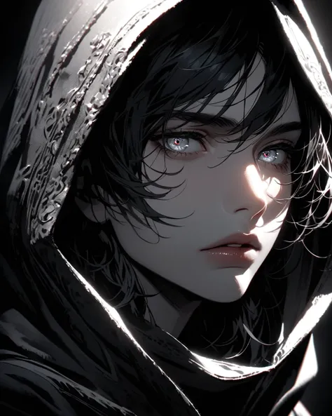 a man with short black hair with smoky gray tips, beautiful detailed eyes, beautiful detailed lips, extremely detailed face, black shirt, black and white background, wearing a hood, dramatic lighting, cinematic, moody, high contrast, dark fantasy