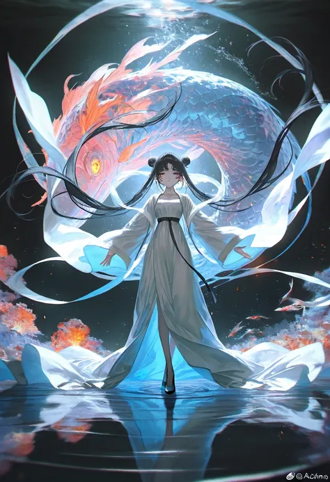 1girl, solo, long hair, black hair, long sleeves, twintails, very long hair, full body, wide sleeves, water, hair bun, floating hair, chinese clothes, floating, fish, hanfu,hagoromo, Underwater, black background, color splatter effect,Watercolor effect,ink...