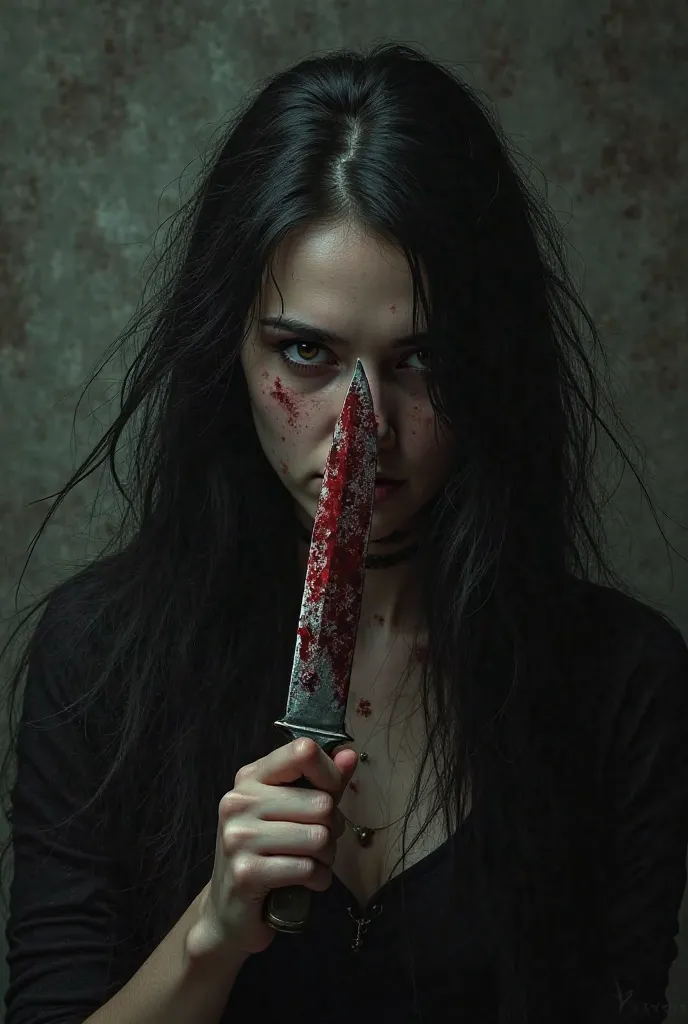 Let the girl's hair be long and have a bloody knife in her hand