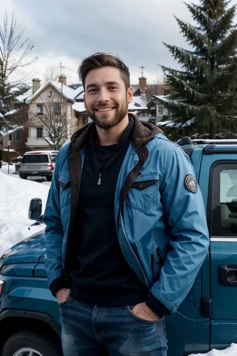 30-year-old Caucasian male with short brown hair and a full beard, wearing a blue jacket, smiling, with a blue SUV Hummer in the park background