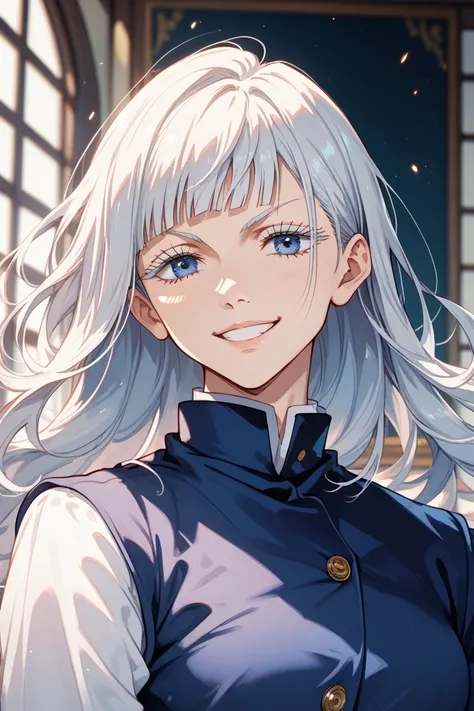 Jujutsu Kaisen, white hair, blue eyes, white eyelashes, long hair, smile, cute woman with bangs