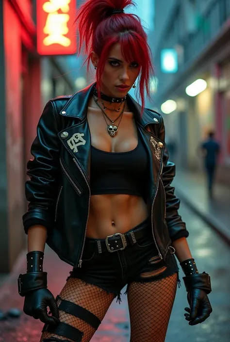 A fierce, punk-inspired female street fighter with a bold and rebellious aesthetic. She wears a tight, cropped black tank top that highlights her toned abs, layered under an oversized black leather jacket with graffiti-style patches and a skull emblem on t...