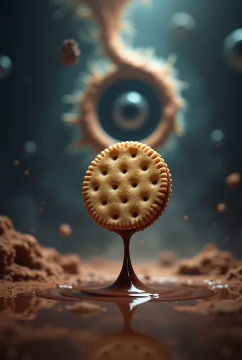 A surreal scene of a floating biscuit suspended in mid-air, just as a mysterious, otherworldly hand emerges from a swirling, glowing portal, reaching out to grasp it. The background is a cosmic, dreamlike world where the laws of physics are distorted—liqui...