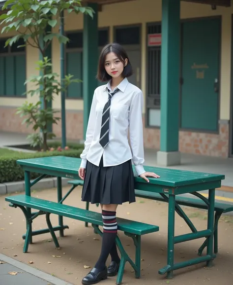 Real photos High-quality Realistic of thai man, Beautiful boy  , Best Quality, 20 years old thai boy in a school uniform astanding near a green metal table,  She is wearing a white shirt((( bodybuilding)), and black shoes. She is looking directly at the ca...