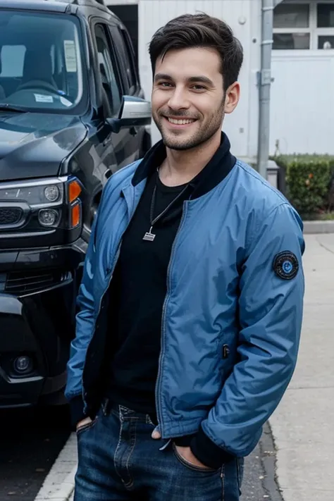 30-year-old Caucasian male with short black hair ,wearing a blue jacket, smiling, with a black suv  in the background