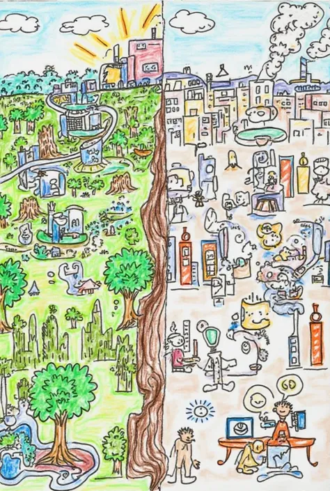 ### 1. **"The Two Faces of Progress" (Both Good and Bad)**  
   **Drawing Idea:**  
   - Split the A4 paper into two halves.  
   - The left side showcases the positive side:  
     - A bright, futuristic city with clean energy, solar panels, and green par...