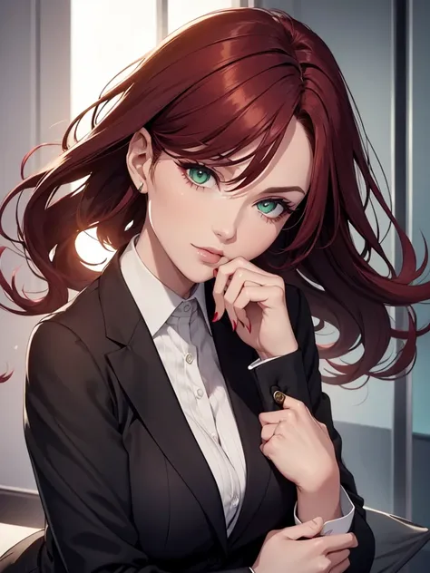 sexy woman, Dark red hair, green eyes, always in business suits, very elegant. Gives off "CEO who doesn’t have time for nonsense" vibes, High-powered businesswoman, seductive, looking at camera, close up face portrait