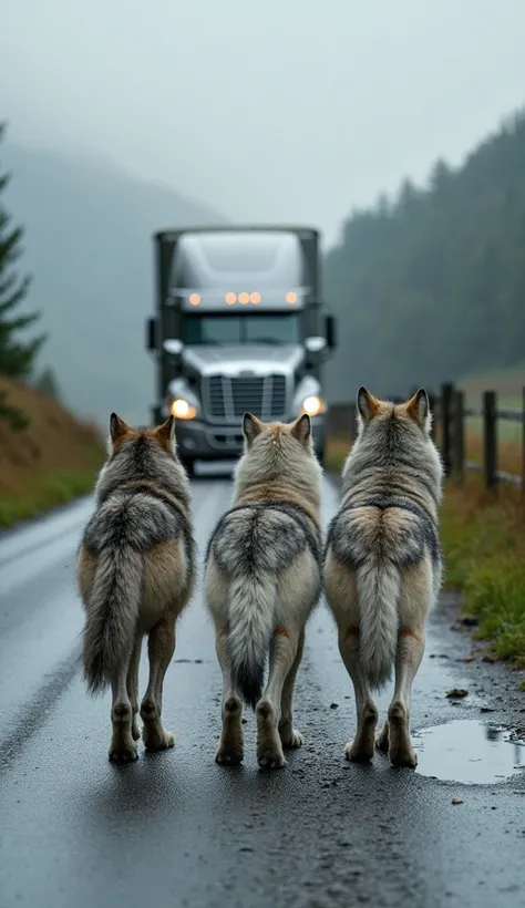 A hyper-realistic photo of three gray wolves standing on a wet countryside road, their thick fur a blend of gray, white, and black, slightly damp from recent rain. The wolves are facing away from the viewer, showing their backs and tails, with their heads ...