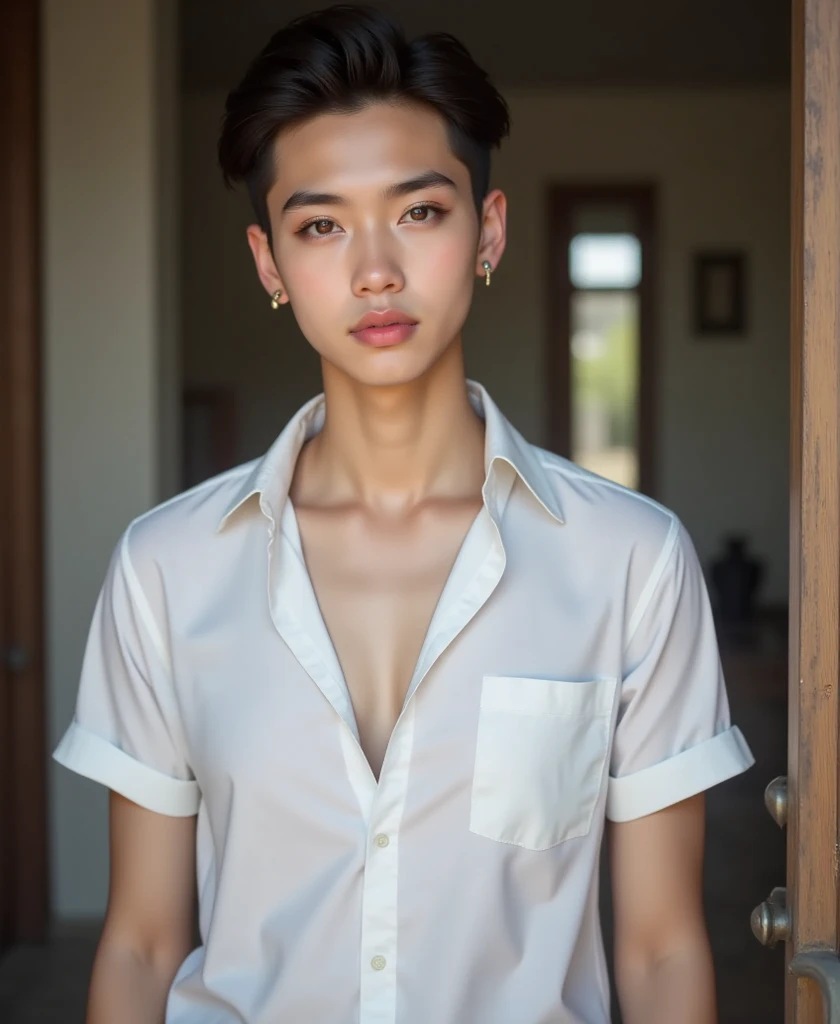 Real photos High-quality Realistic of thai man, Beautiful boy  , Best Quality, 20 years old thai boy a white shirt [Digital art, portrait style, soft focus, muted colors, natural lighting, slight vignette effect]