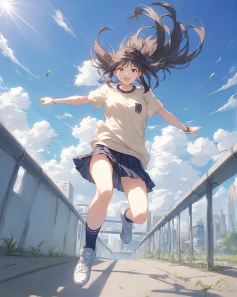 A young Asian girl, approximately 10-, is depicted mid-jump.  She is positioned slightly to the left of center in the frame.  She is wearing a light beige/cream-colored, long-sleeved pullover sweater with a dark navy blue pleated mini-skirt.  She has long,...