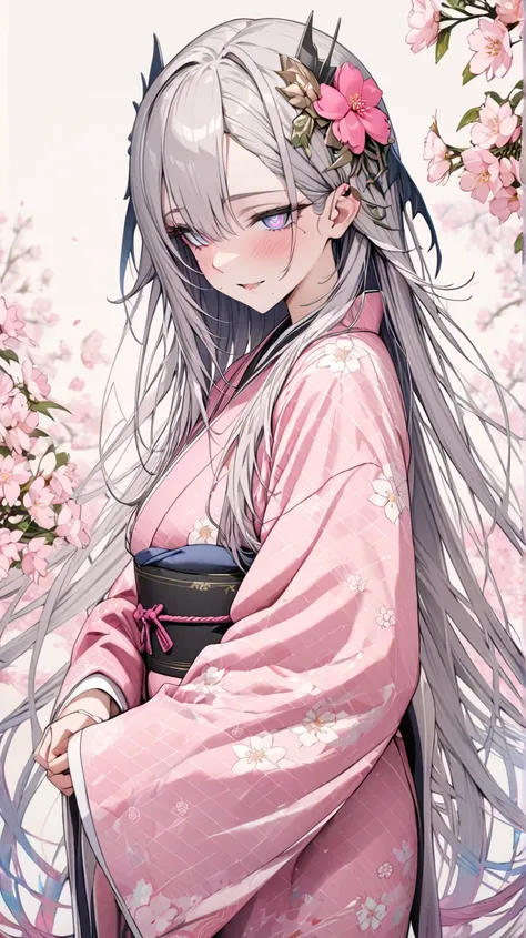 calm pink kimono,(Large pink cherry blossom pattern), , Long flower hair ornament,, masterpiece, TOP QUALITY, very detailed, complicated, Super Detail,  detailed eyes, flower flower background,