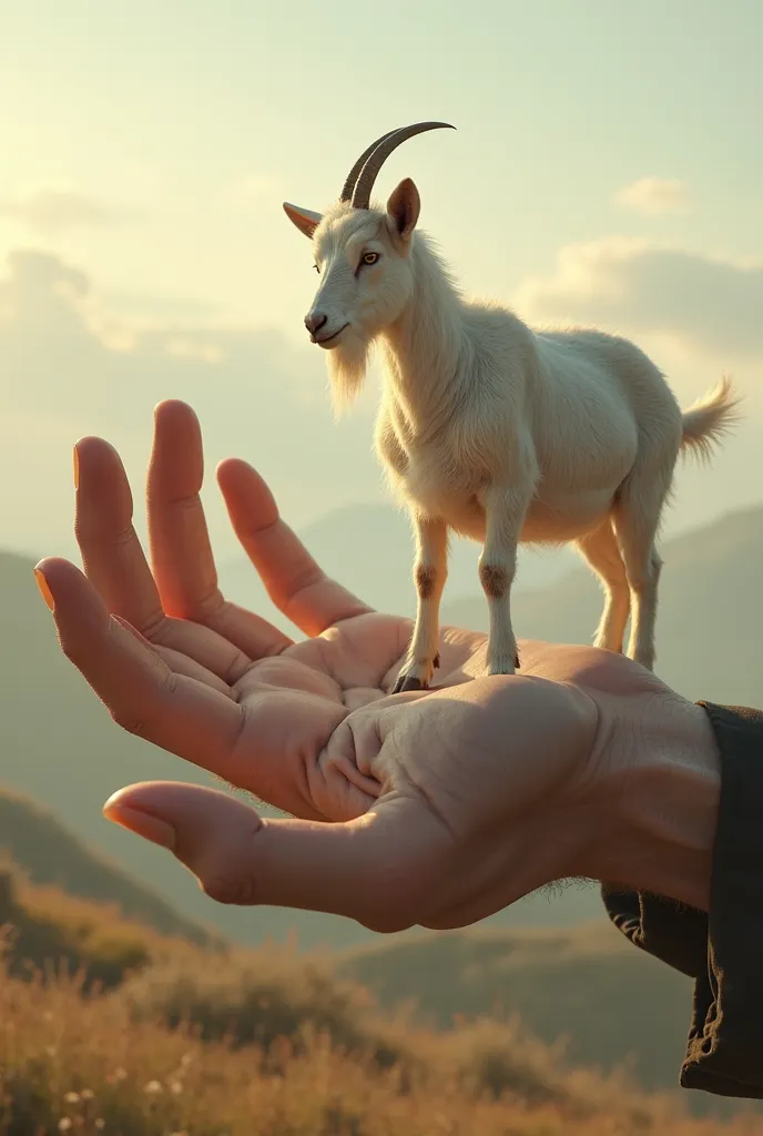 A surreal scene of a man with a massive 20-foot hand. On one of his fingers stands a small, 12-inch white goat. The goat is calm and regal, balanced delicately on the giant finger. The background features a soft, dreamy landscape with warm sunlight casting...