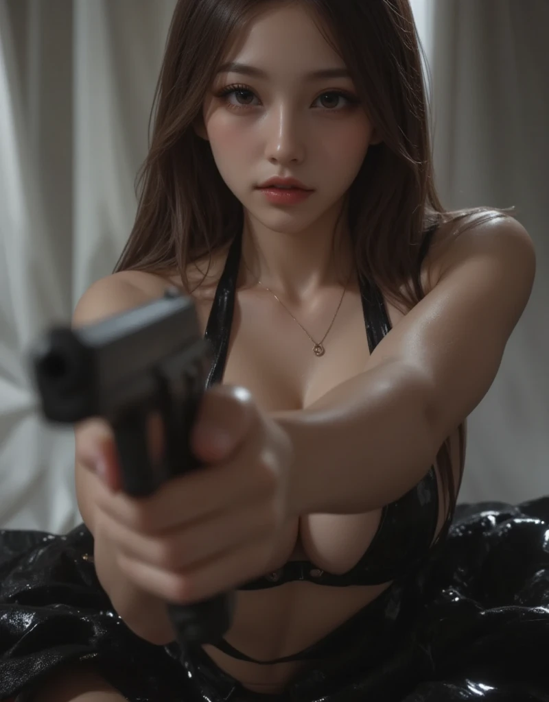 girl in black dress with black hair holding a gun in her hand. Behind her is *****-****-***  มีฉากหลังที่คลุมเครือมีฉากหลังที่คลุมเครือ ะหว่างมีsexสัมพันธ์,sex,seat,wet chest and neck, sweaty,( wet filter ) Facial Orgasms ,((long, Narrow nostrils  , my hai...