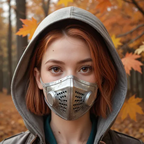  1 number, rusty metal color hood, brown eyes, full mask made of rusty metal material ( simple style ). Head-to-neck photograph, Anatómicamente correcto,  simple style , Autumn background 