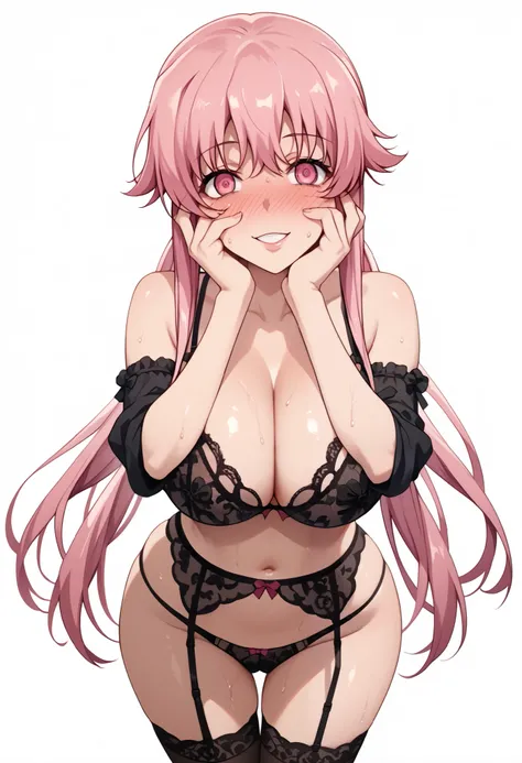 nsfv, score_9, score_8_up, score_7_up,source_anime,Yuno Gasai, Yuno Gasai, 1girl (full body sexy , curved, pink hair , pink eyes, black lace bra, satisfied smile, black lace garter belt and stockings, black lace detachable sleeves , looking at viewer, sedu...