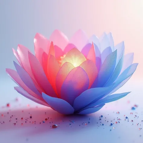 The image is an abstract, artistic representation of a flower-like structure with overlapping, translucent petals. The petals display gradients of red and blue that blend together in the center, creating a visually captivating design. They have a delicate,...