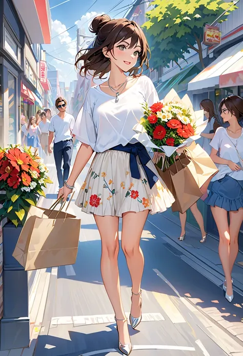  High precision, high quality,  masterpiece,  1 female,  walking down the street ,  Shopping bags in both hands ,  happy expression in a high room, brown hair on both arms,  put them together in a bun with tousled hair, (casual wear: 1.1),  white t-shirt, ...