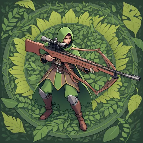 A medieval sniper with a massive ultramodern crossbow in tentacle leaf art style