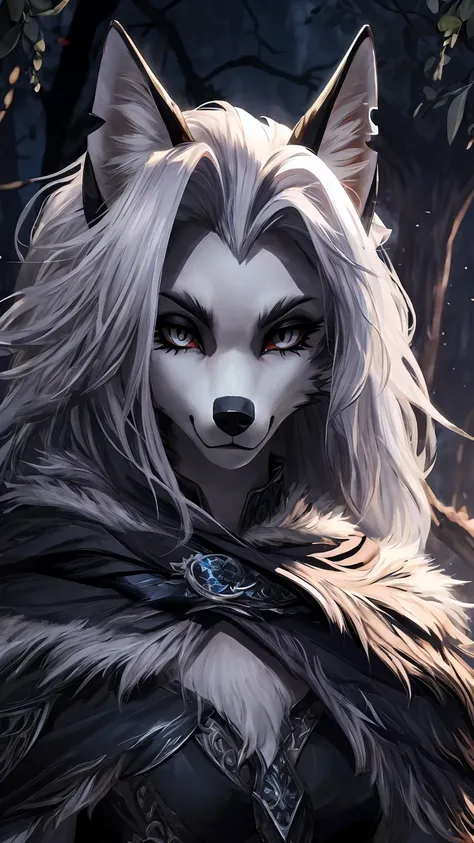 Loona aus Helluva Boss, She-wolf, adult adult,   white hair  ,  gray eyes, as Malenia, blade of Miquella ( Elden Ring), large,  detailed, Alone,  beautiful, and deadly, dark, Anime-Series, 4K