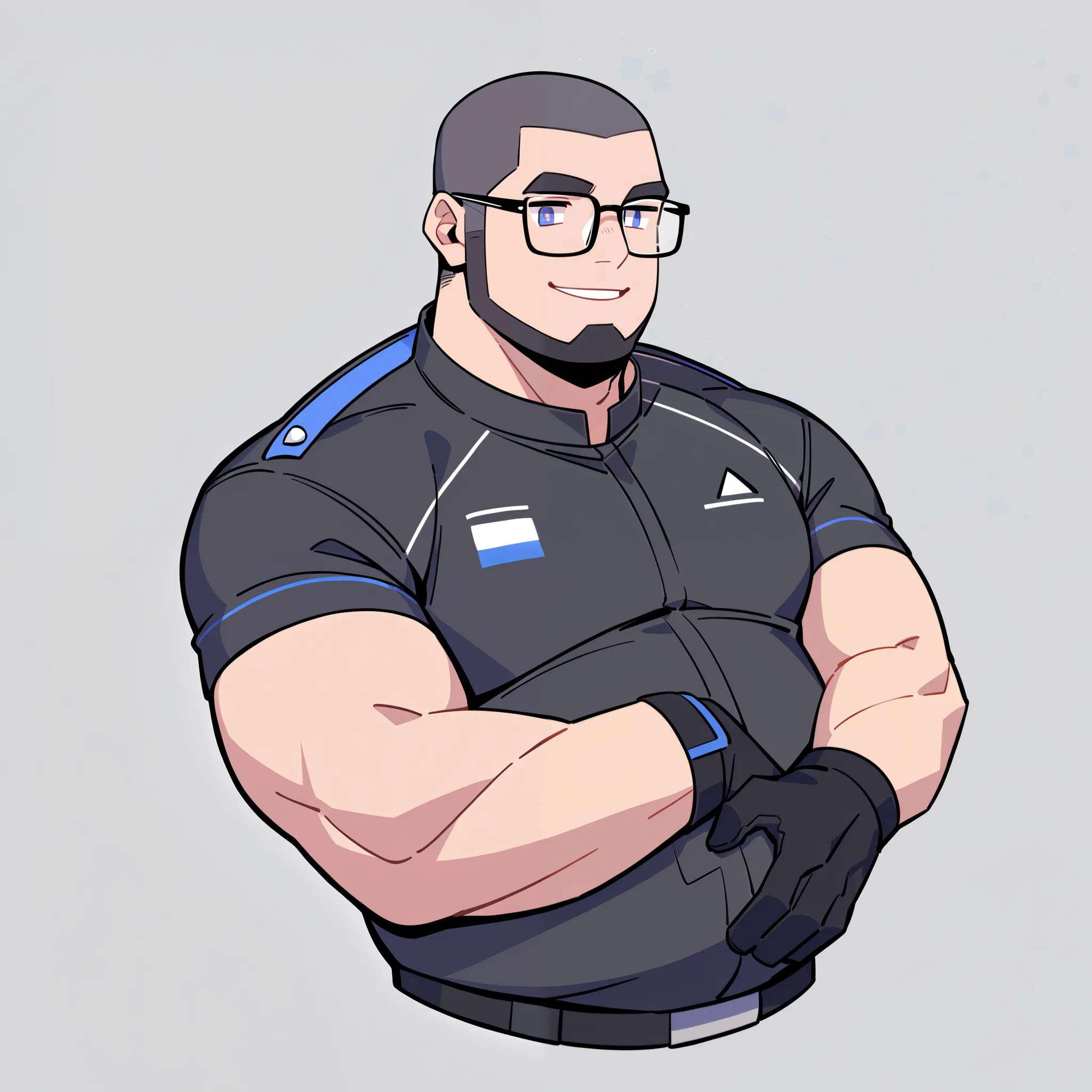 anime characters：1man, adult, chubby, fat, belly, large shoulders, male focus, black short sleeve outfit, black clothes, black boots, cargo pants, only, athletic skinny male, only, Upper body, alone, very short hair, buzz cut, black beard, thick beard thic...