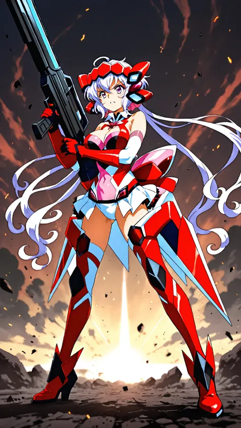 high quality，high resolution，
1 girl,  Senki Zesshou Symphogear， Yukine Chris，
White Hair，
Transformation，
Holding a big gun，