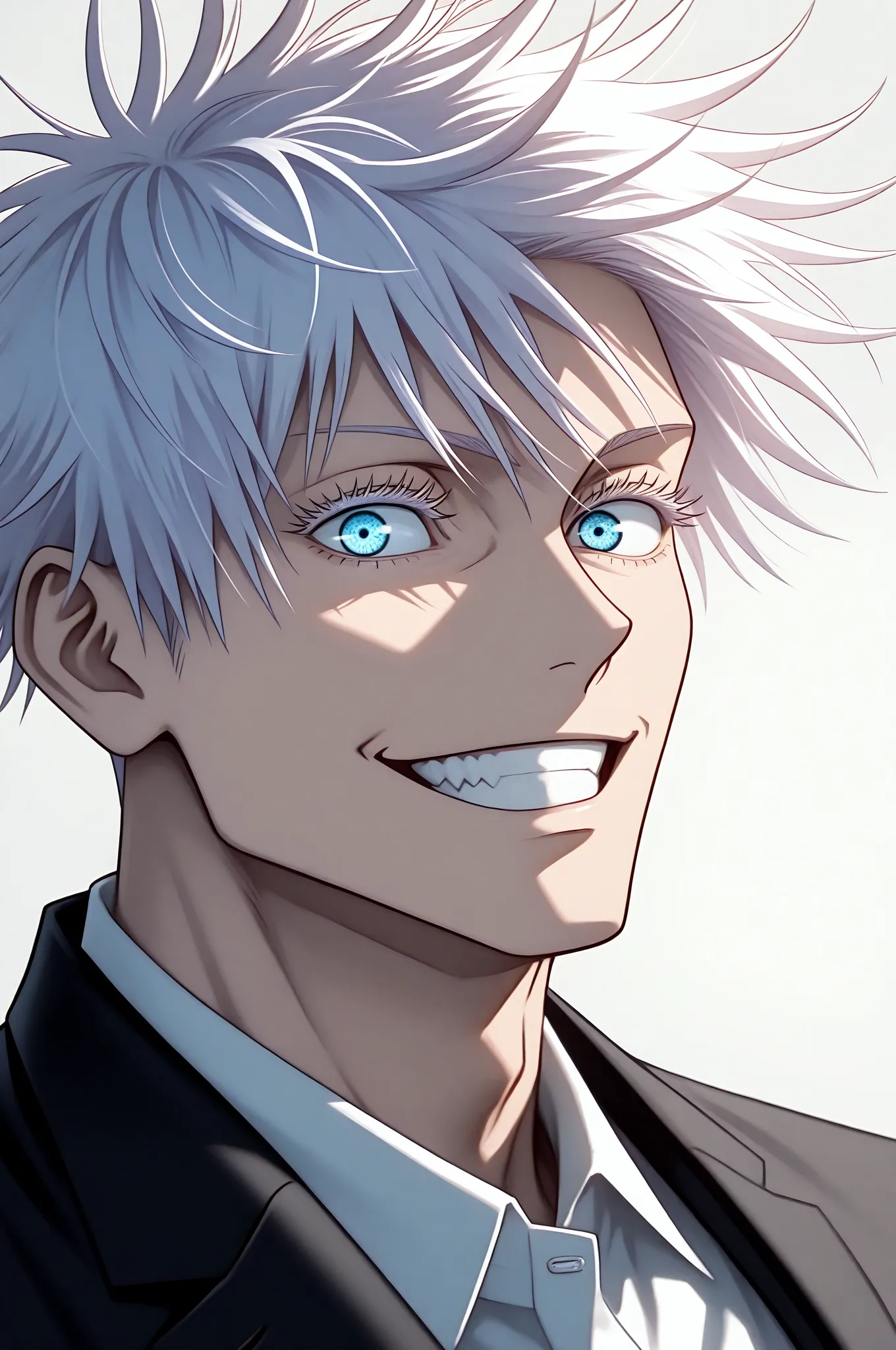 (masterpiece, best quality), amazing quality, very aesthetic, absurdres, highres, newest, HDR, 8K, high detail RAW color art, large pupil, eyelashes, 1boy, grin, gojou satoru, jujutsu kaisen, white hair, short hair, white eyelashes, blue eyes, muscular, se...