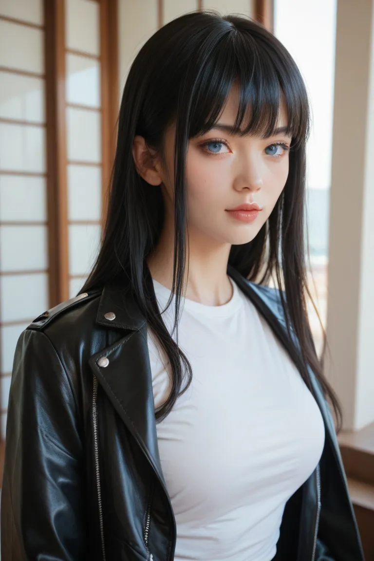 Japanese woman,  long hair,Bangs, black hair, anatómicamente correcto, blue eyes, mouth shut,  white t-shirt,  black leather jacket , Delicate and beautiful face,1girl,  athletic and defined body , curvy