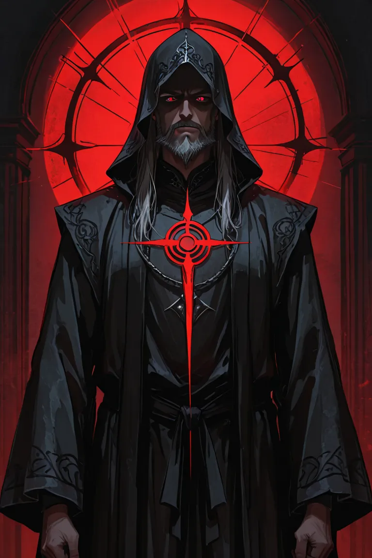 A 25-year-old clergyman, with blacks disheveled and bright, intense red eyes,  transmitting a mysterious air . His thin and shabby beard adds a dark touch to his appearance. He wears a black robe adorned with detailed red lines, with a Gothic and religious...