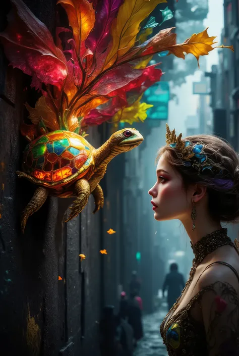Beautiful image on the Graphite Wall, Graffiti Turtles with a Beautiful Shell red and yellow cells, Little Fairy in a magnificent dress, Looking at the Turtle Looks very beautiful Image, Vivid image , beautiful colors , clouds, Beautiful coloring, Very ...