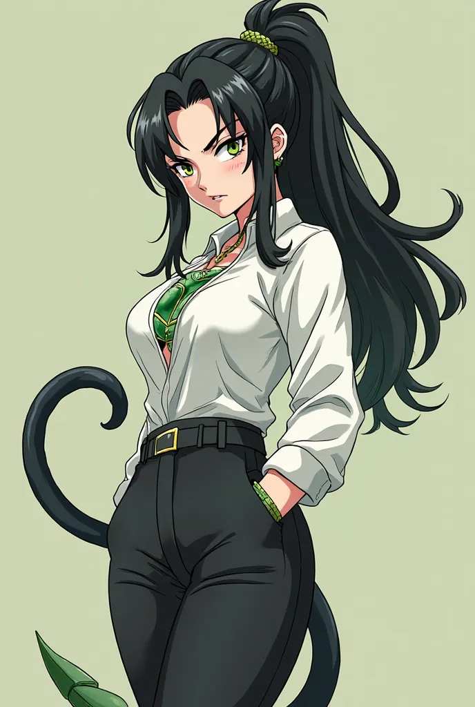 Create an OC of dragon Vall,Pretty woman super Saiyan long black hair collected serious and a little angry expression a white shirt black pants green shoes and green necklace with angled back in anime style and hair tied up with a monkey tail 