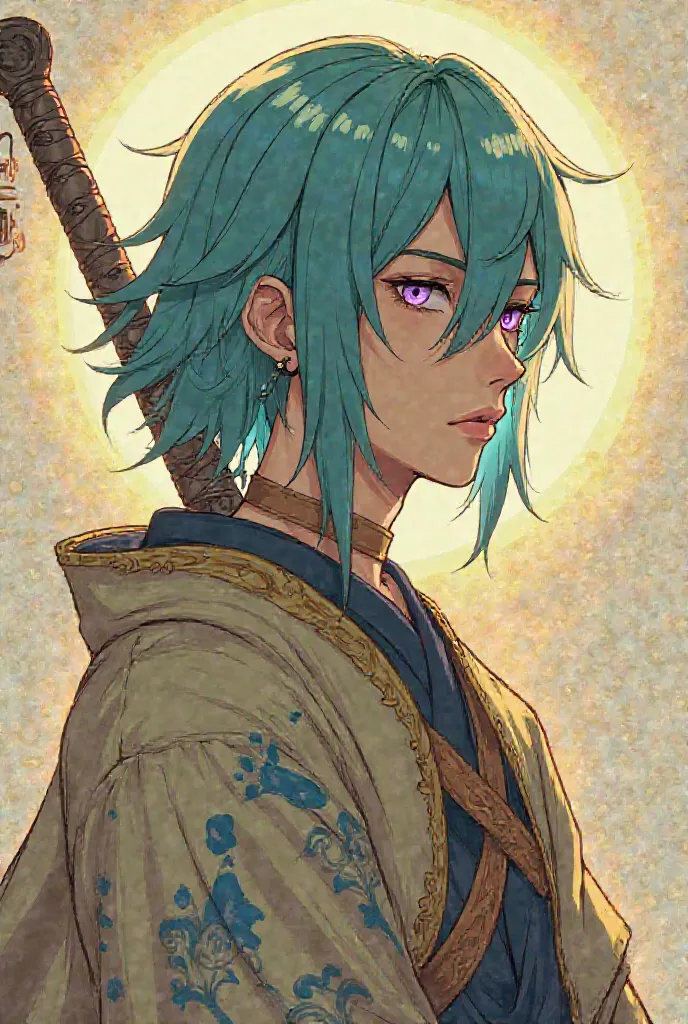  anime art, brown man with shoulder-length cyan green hair, effeminate, light purple eyes, yellow and brown robes with blue details, 2D,  detailed, epic