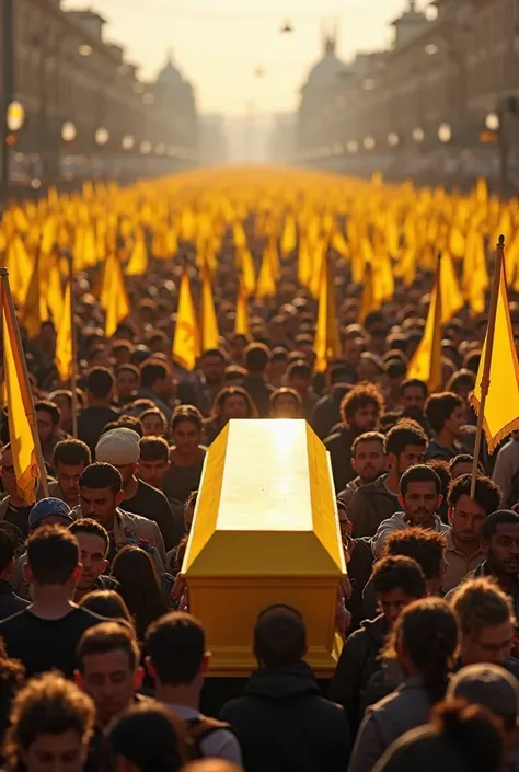 There are 2 coffins carried by millions of people, provided that the casket is yellow without signs or others, with the presence of millions of people carrying yellow flags without any logo in a city and a sunny atmosphere

