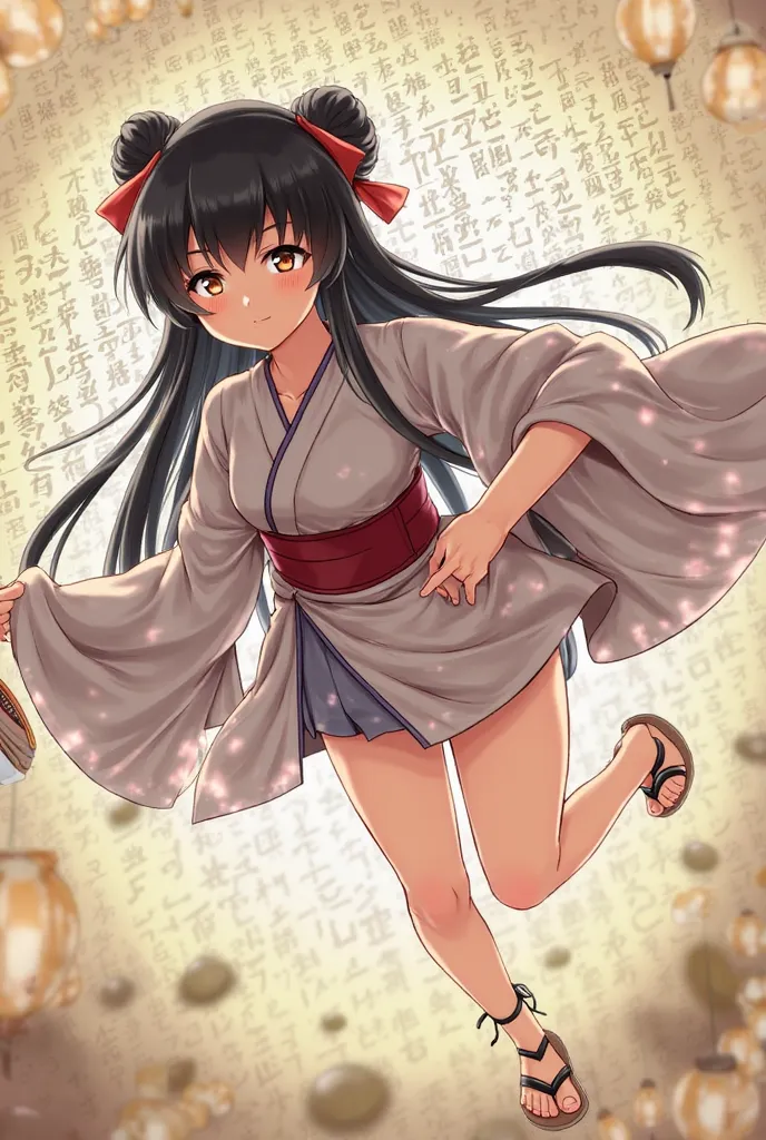 Smooth Quality - 1girl, female, portrait, (2000s (style), animification:1.3), best quality, masterpiece, long hair, black hair, arched bangs, double bun, hair ribbon, black eyebrows, brown eyes, closed mouth, hoop earring, kimono, obi belt, traditional san...