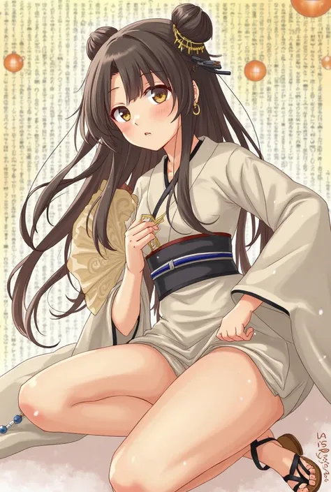 Smooth Quality - 1girl, female, portrait, (2000s (style), animification:1.3), best quality, masterpiece, long hair, black hair, arched bangs, double bun, hair ribbon, black eyebrows, brown eyes, closed mouth, hoop earring, kimono, obi belt, traditional san...