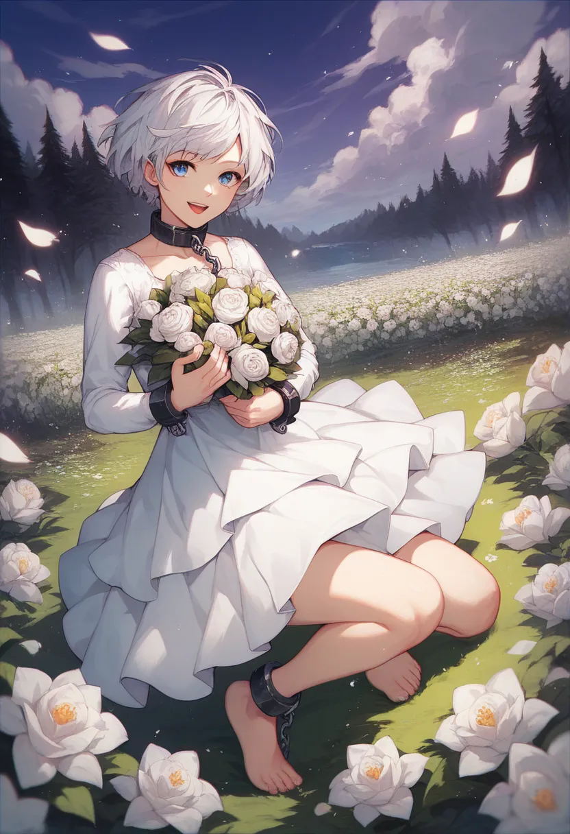 holding a bouquet of flowers, forest, purple sky, purple clouds, white flowers, Sariphi, 1girl, white hair, short hair, solo, blue eyes, chain, dress, open mouth, collar, looking at viewer, anime coloring, white dress, smile, long sleeves, cuffs, collarbon...