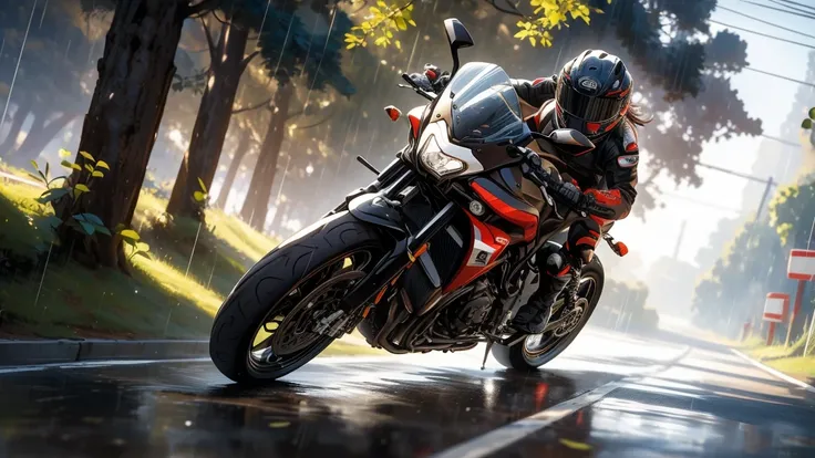 ((Masterpiece:1.3, Best Quality, hight resolution, nffsw, Perfect Pixel,  4K, nffsw, nffsw))), 1girl in, Off-road motorcycle driving on spring country roads、18-year-old girl、jet helmet、((Drizzling Rain, Tree-lined street, May scenery: Poplar-lined road in ...