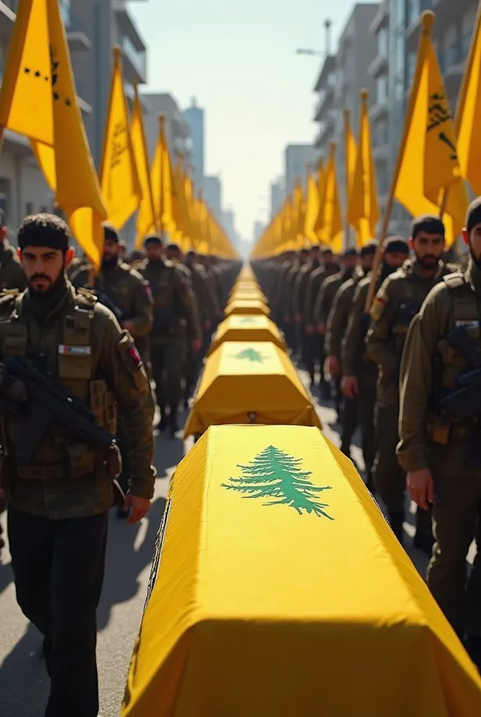 There are yellow coffins with the flag of Kataib Hezbollah and around them are people carrying yellow flags without any logo in a city and a sunny atmosphere 